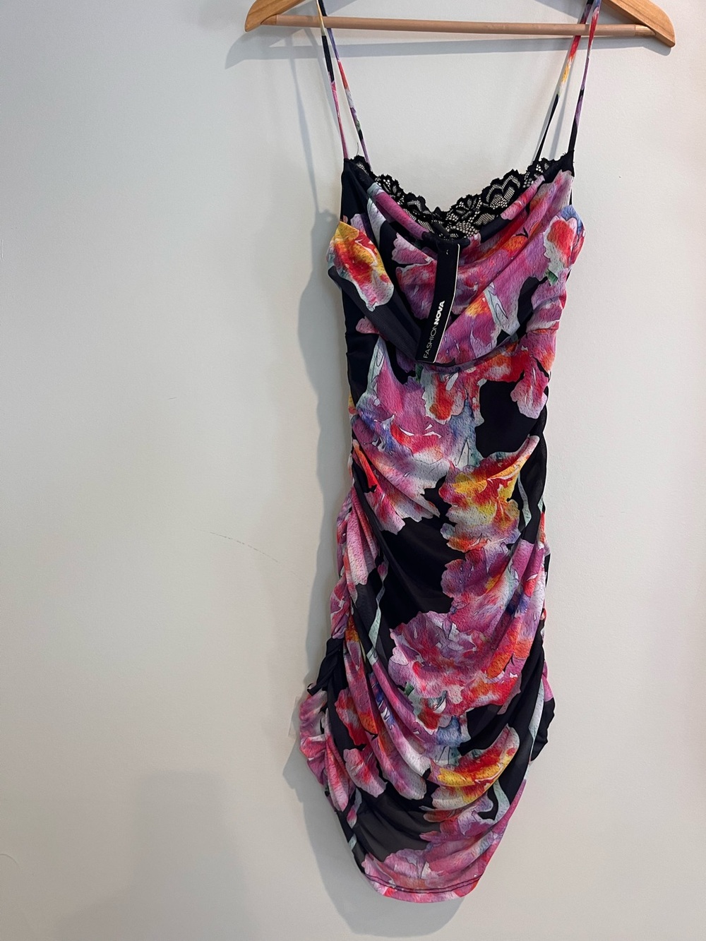 Fashion Nova Ariana Mesh Dress Lace Ruching Y2K Bodycon Floral Straps Medium